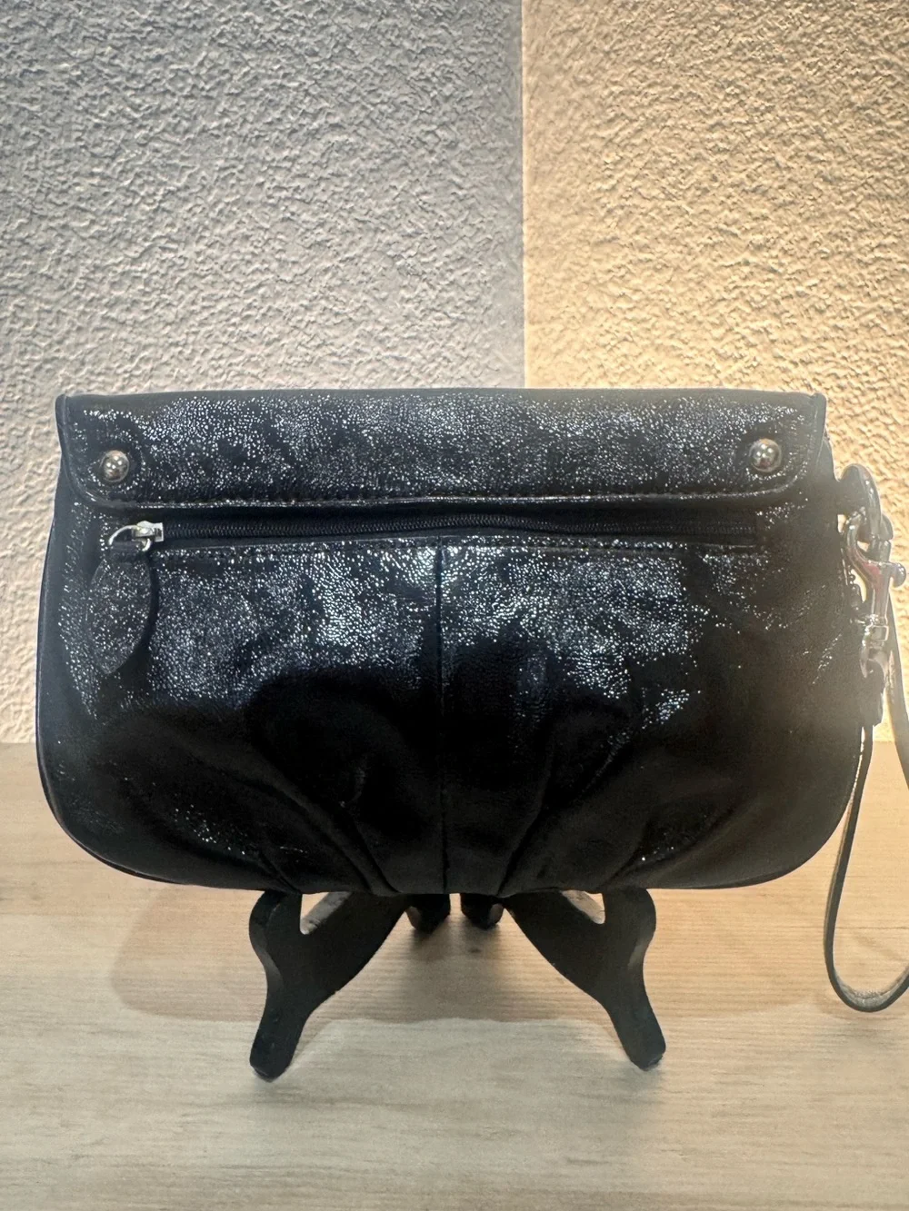 Coach Black Patent Leather Wristlet Clutch Wallet Card Case Removable Strap EUC